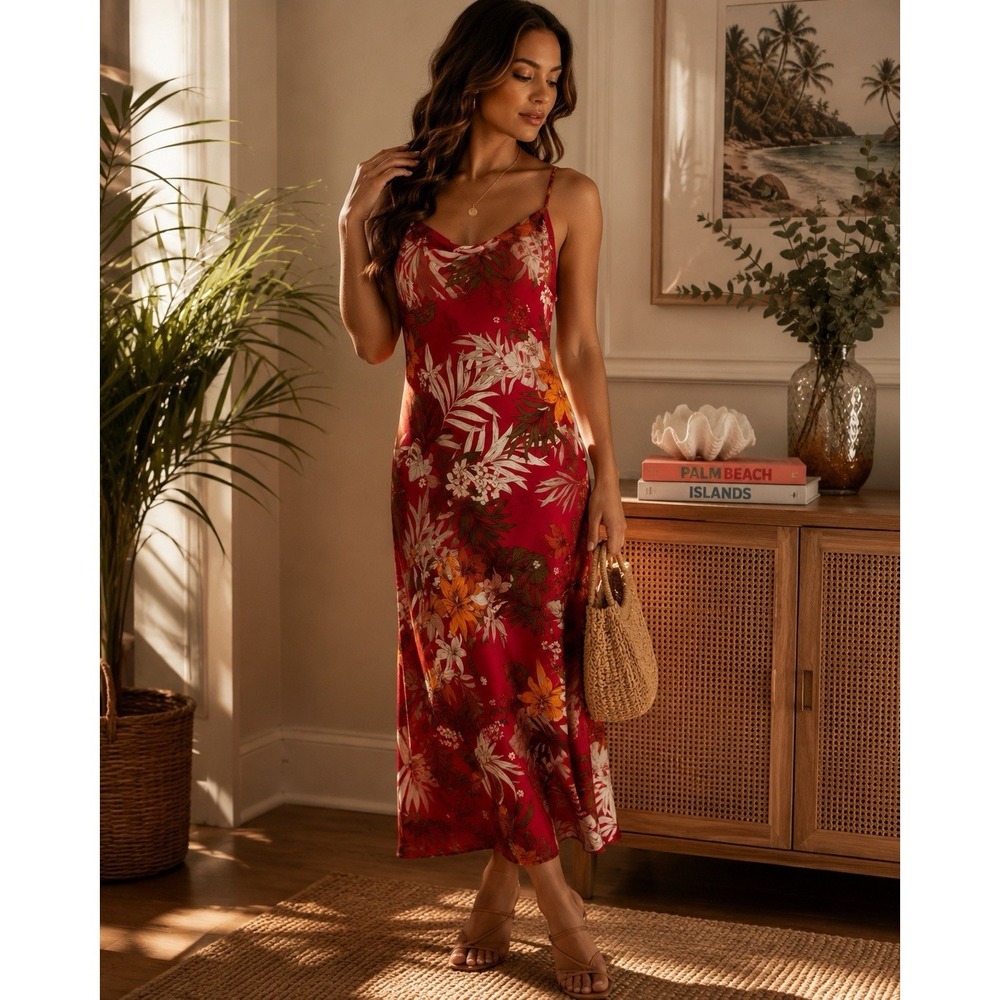 Paper Heart Tropical Floral Slip Dress XL Pink Cowl Neck Midi Vacation Resort